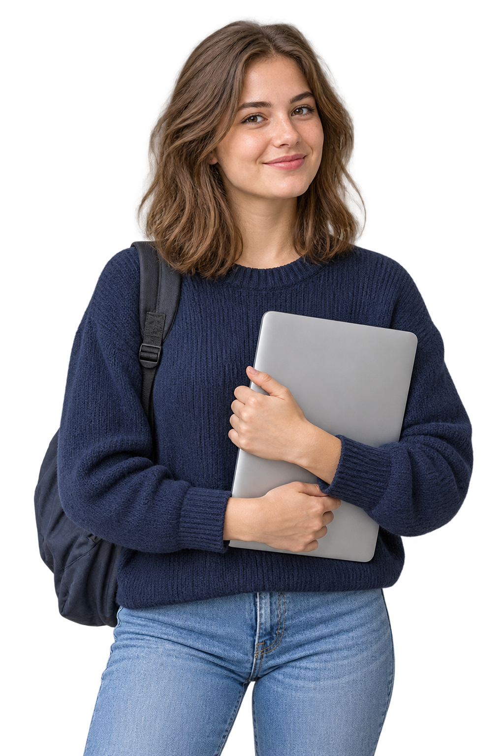 Female British student in a navy sweater holding a laptop and backpack